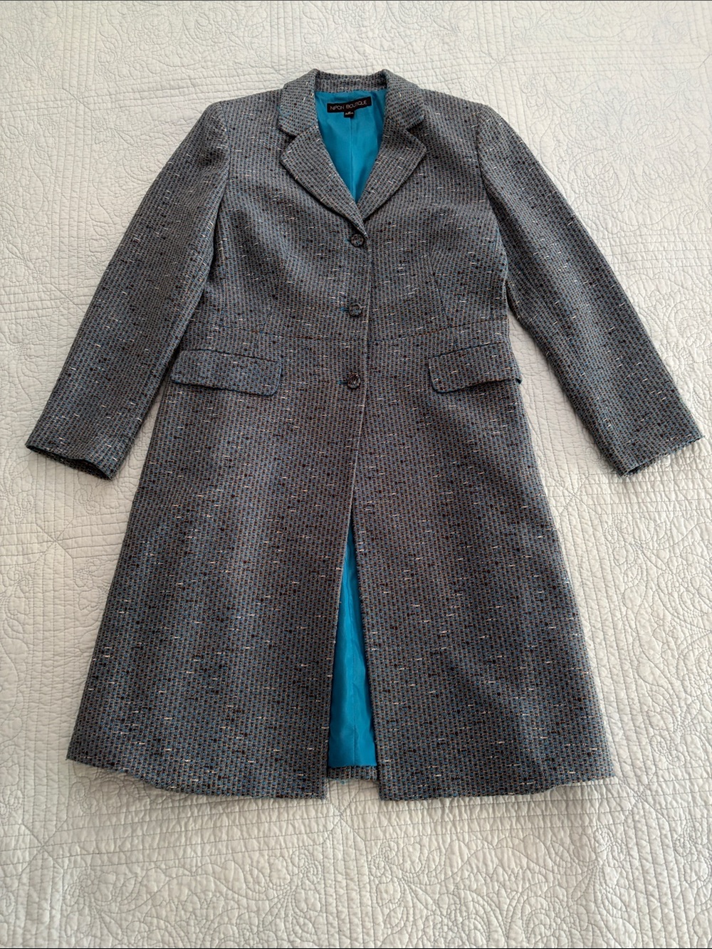 Nipon Boutique Tweed Pea Coat with Teal Lining